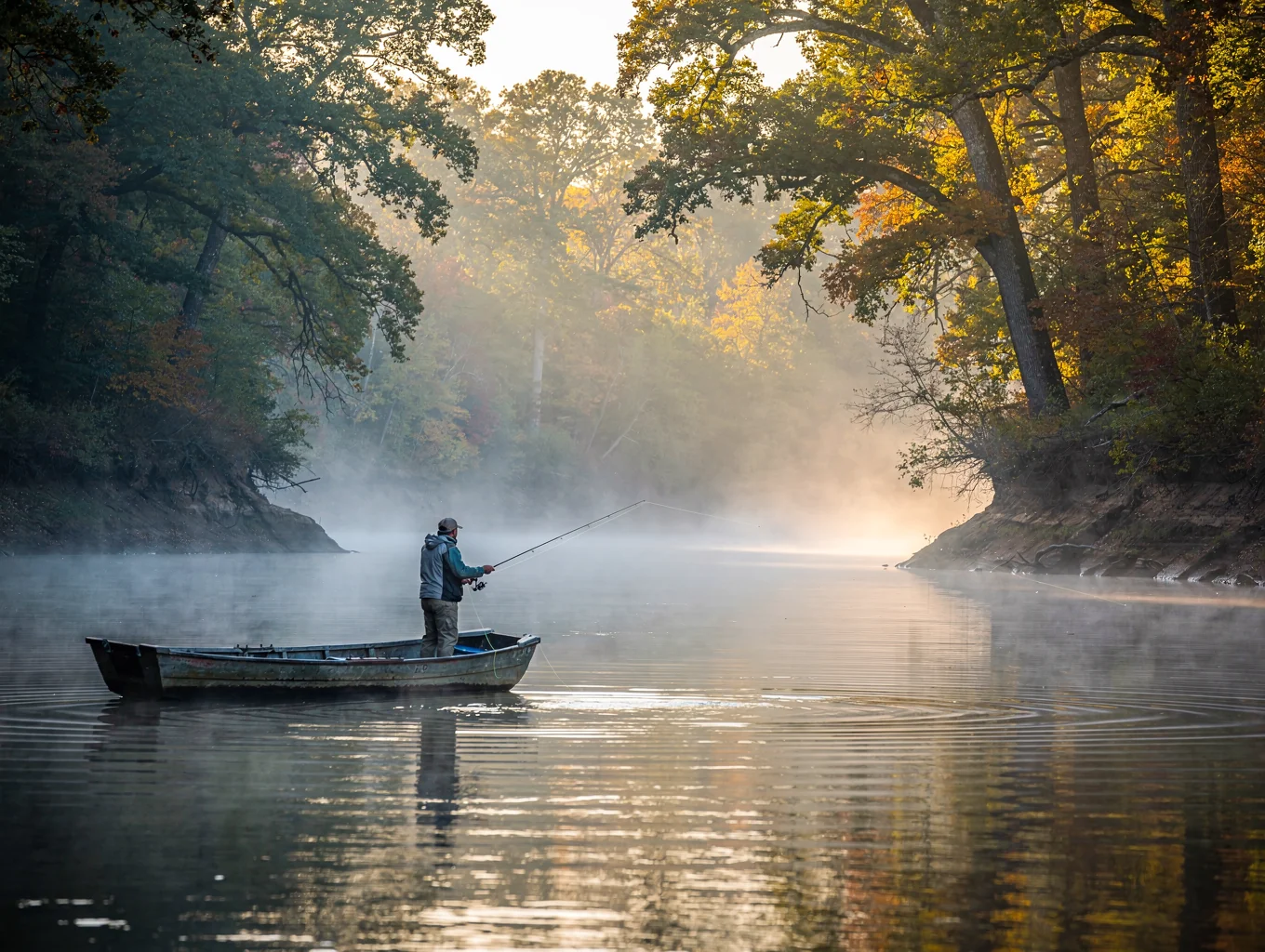 Fly fishing from a boat on the White River near Salesville Arkansas