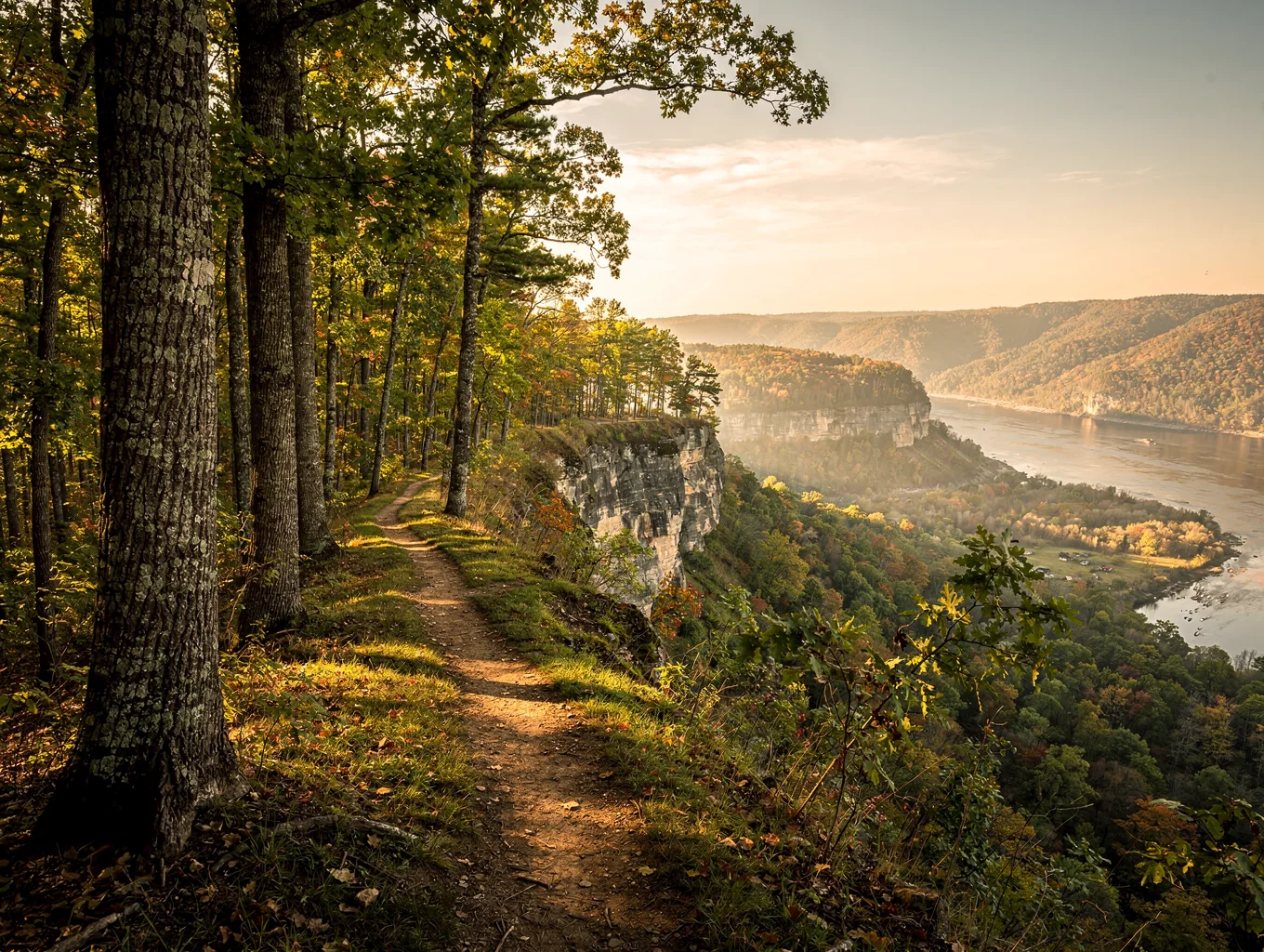 Forested hiking trail overlooking scenic river bluffs in Baxter County