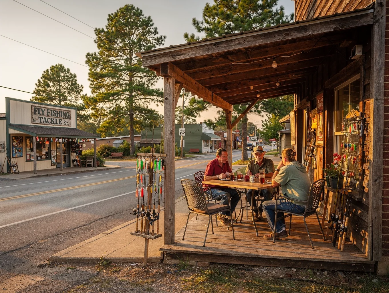 Cozy local Ozark eatery and fly fishing store porch in Salesville
